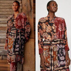 NWT Farm Rio Sweet Mermaids Paisley Satin Shirt Midi Dress Multi Color Sz Small